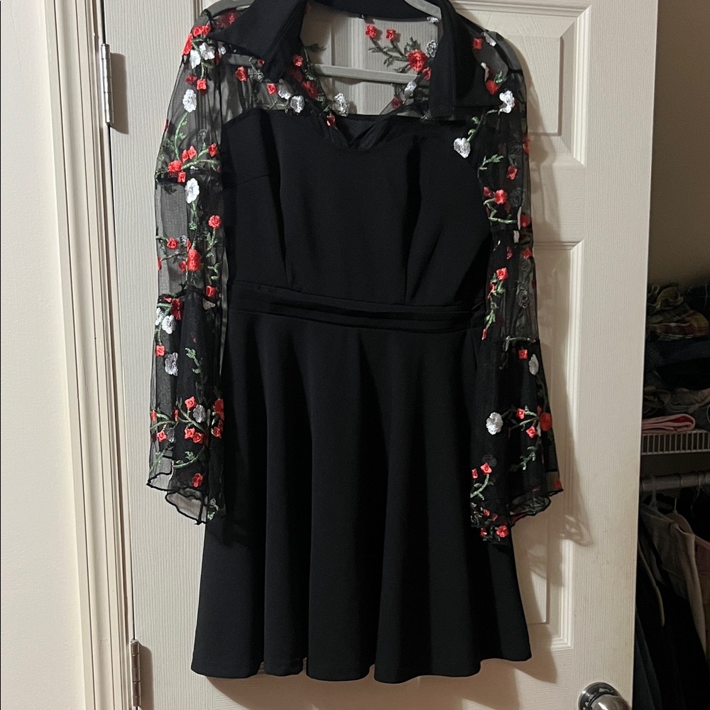 Black Dress with Floral Embroidered Sleeves